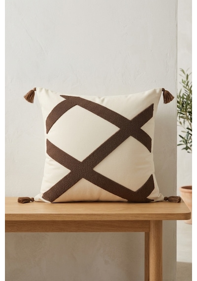 Renkli Geometrik Çapraz Çizgi Desenli Kabartmalı Punch Nakışlı Püsküllü Pamuk Dekoratif Kırlent Kılıfı 42x42 Cm Kahverengi
