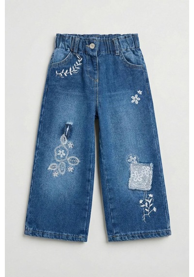 Minigimin Cicileri Kız Çocuk Çiçek Nakışlı Bol Paça Denim Pantolon - Mavi