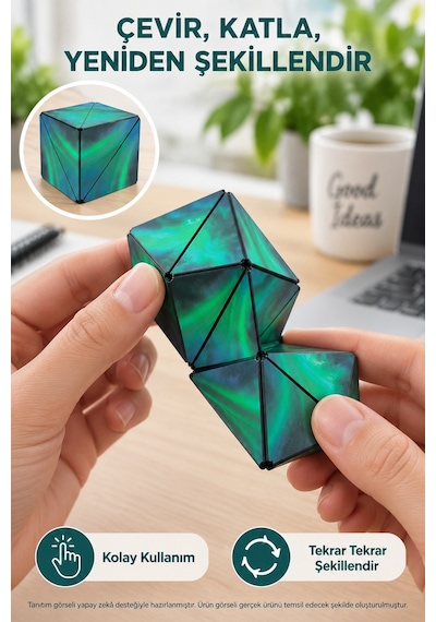 Manyetik Şekil Değiştiren Sihirli Küp Zeka Oyuncağı Stres Oyuncağı Aurora Yeşil 6x6x6 Cm
