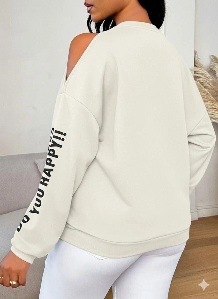 Afri Premium 3 İplik Kumaş Ekru Sweatshirt Oversize Rahat Kalıp Siyah Minimal Baskılı Ekru