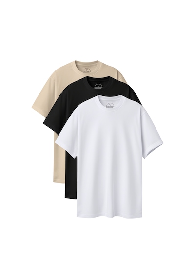 Velvoria Unisex Oversize Basic 3'lü Siyah Beyaz Bej Renk T-shirt Çok Renkli1