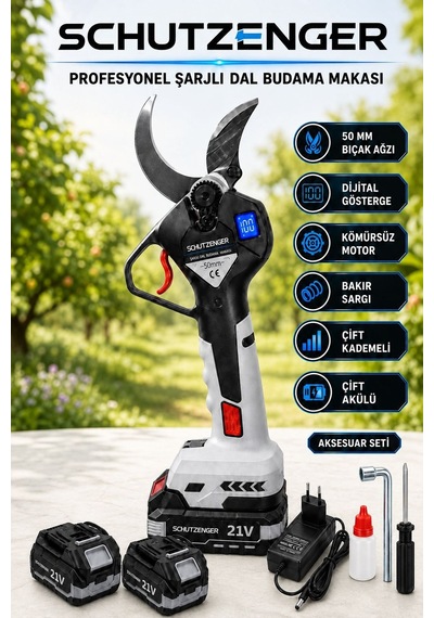 Dijital Kesim Göstergeli Dal Budama Bağ Makası 2 Adet 10 Pilli Batarya 50mm Bıçak Ağzı Kömürsüz Motor Gri-c77