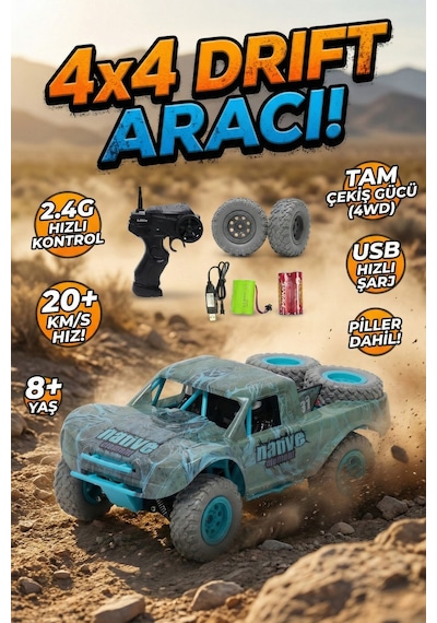 Şarjlı Uzaktan Kumandalı Araba 4x4 Yüksek Hızlı Drift Ve Arazi Aracı 2.4ghz 1:20 Yedek Lastikli Gri