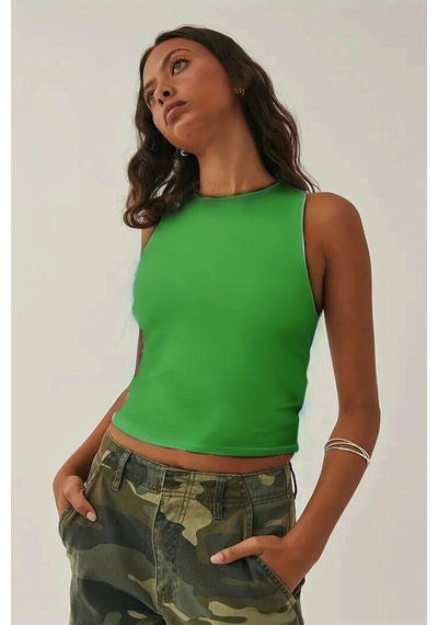 Tarz Cool Kadın Atlet Düz Basic Crop Kolsuz T-shirt Benetton Yeşili