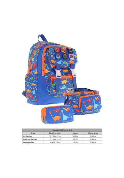 Kaukko Kids Armalı Dinazor Desenli Erkek Çocuk Üçlü İlkokul Okul Çantası Seti - Mavi MAvi