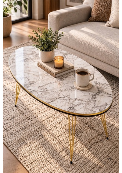 Sulorahome Oval Mermer Desenli Gold Metal Ayaklı Orta Sehpa Beyaz Mermer
