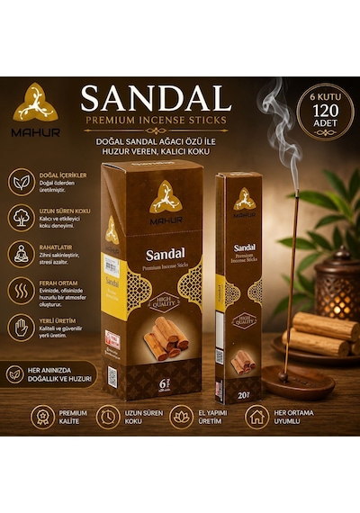 Mahur Sandal Tütsü 120 Adet 6 Kutu X 20 Çubuk, Sandal Ağacı Kokulu Premium Çubuk Tütsü, Ev Ofis Yoga Ve Meditasyon İçi