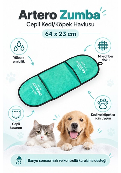 Artero Zumba Kedi Köpek Yüksek Emici Mikrofiber Cepli Kurulama Ve Kurutma Havlusu 64x23 Cm