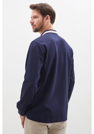 Fullamoda Nakışlı Yarım Düğmeli Polo Yaka Modal Sweatshirt Lacivert