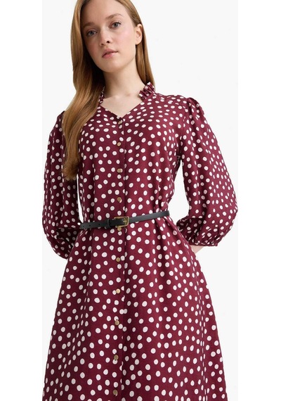 Defacto Relax Fit V Yaka Puantiyeli Yarım Kollu Elbise F5494ax25aubr375 Bordo