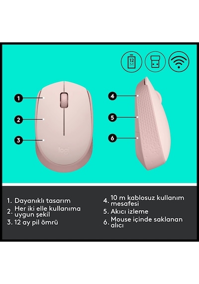 Logıtech 910-006865, M171 Rose, Usb Nano 2,4g Kablosuz, 1000dpi, Optik, 3 Tuşlu, 12ay Pil Ömrü, Mous Diğer