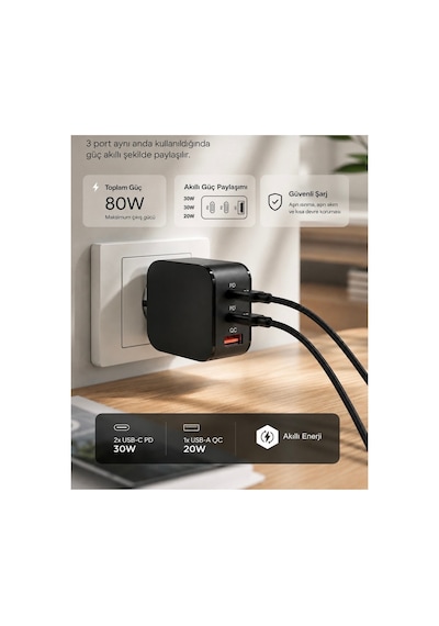 80w Hızlı Şarj Aleti 3 Portlu Type-c To Type-c Kablolu Usb-c Usb-a Pd Adaptör Apple iPhone Uyumlu Samsung
