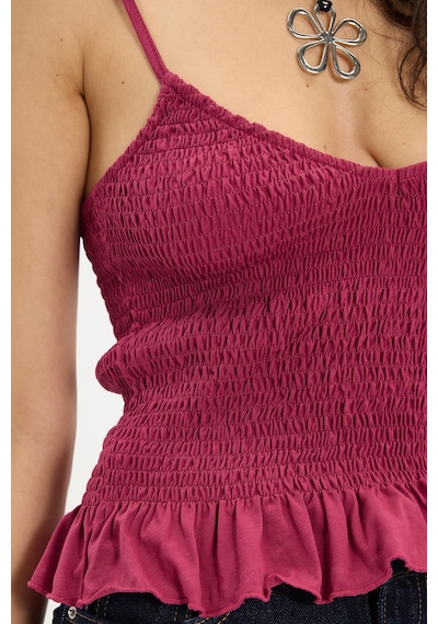 Tudors Kadın Slim Fit Dar Kesim %100 Pamuk Askılı Büzgülü V Yaka Fuşya Bluz-50368 FUŞYA