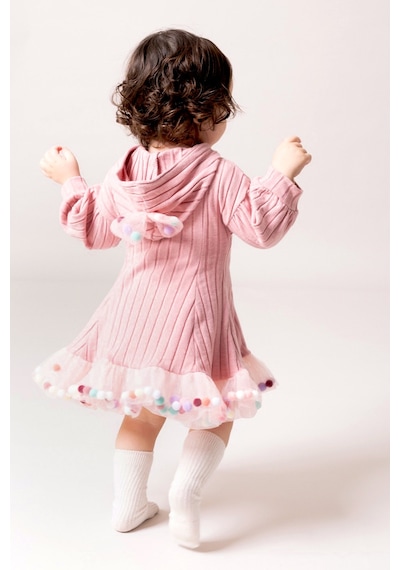 Babymod Kapüşonlu Fiyonklu 100% Pamuk Kız Bebek Elbise Pembe