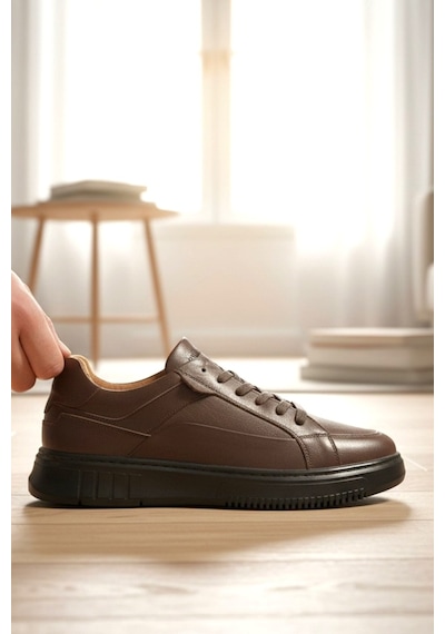 Enoch Hakiki Deri Bağcıklı Erkek Sneaker Ayakkabı Ortopedik Taban Kahverengi