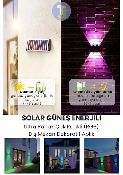 Technojet Solar Güneş Enerjili 6 Ledli Bahçe Aydınlatması Aplik Parlak Rgb Işık Led Lamba 2 Adet Siyah