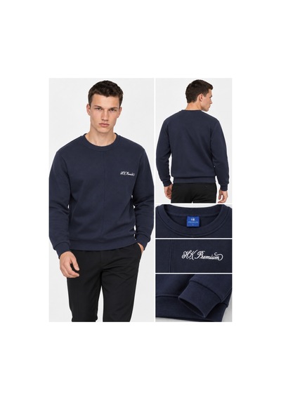 Hk Premium Sweatshirt Bisiklet Yaka Hk Premium Logolu Erkek Basic Lacivert