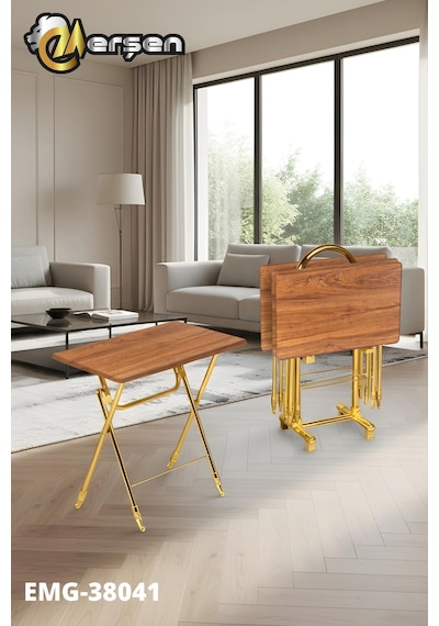 Eranş Serisi 4'lü Katlanır Mdf Mebran Ahşap Çanta Zigon Sehpa Gold Ayak Ceviz Gold Ayak