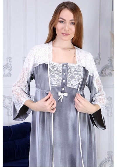 Duchesse 7008 Gri Kadife Hamile Lohusa Gecelik Sabahlık Takım