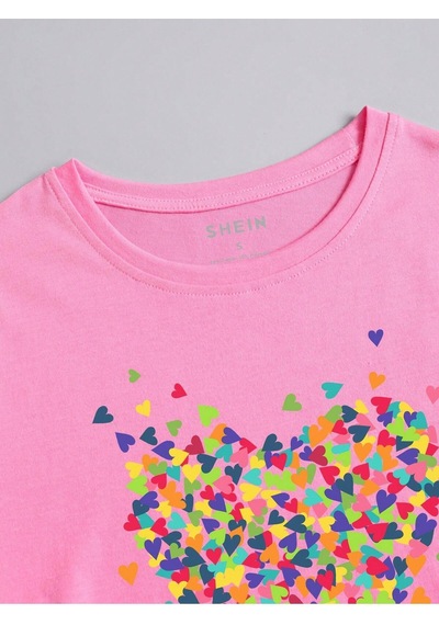 Renkli Kalpler T-shirt - Pembe Baskılı Oversize Bisiklet Yaka Kısa Kol Tişört Pembe
