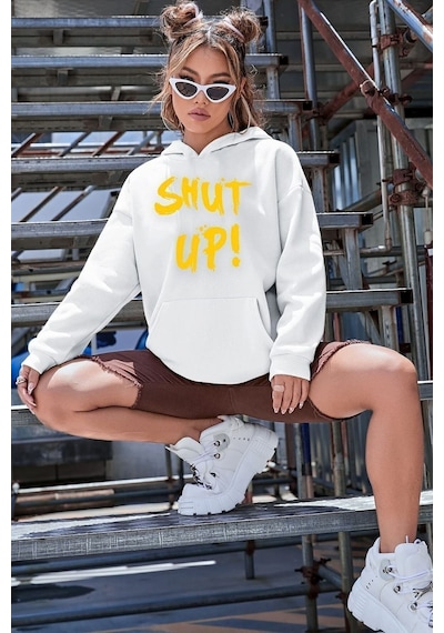 Uyguntarz Unisex Shut Up Baskılı Sweatshirt beyaz
