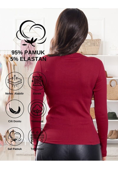 Alya Underwear Pamuklu Kaşkorse V Yaka Body Sweatshirt, Fitilli Kumaş Likralı Bluz, Asker Yeşili Badi Bordo