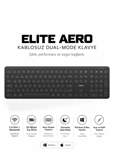Elite Aero Kablosuz Dual Mode Klavye 2.4ghz + Bluetooth, Windows Ve Mac Uyumlu, 20 Milyon Tuş Ömürlü