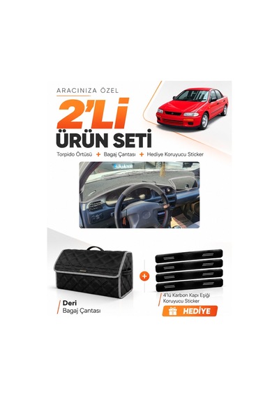 Mazda 323 Familia Kapaklı 1994-1998 Uyumlu Torpido Örtüsü + Deri Bagaj Çantası Seti - Siyah Gri