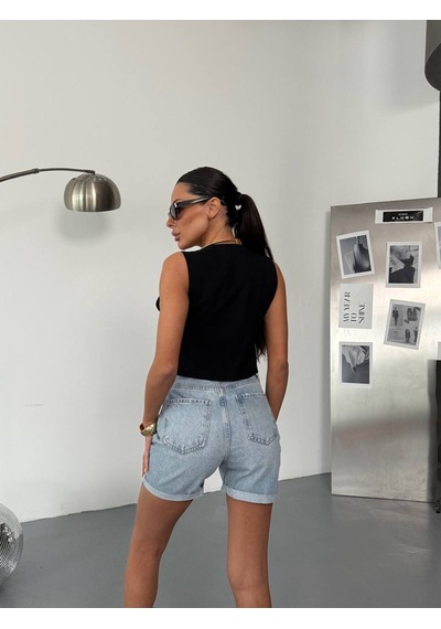 HerTon Yüksek Bel Mom Jean Şort Denim