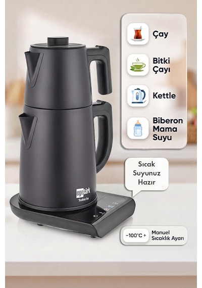 Egetürk TeaDem Vox Konuşan Dokunmatik Çay Makinesi Mama Suyu Hazırlama 1850W 1.7L Kettle 1.2L Demlik Siyah