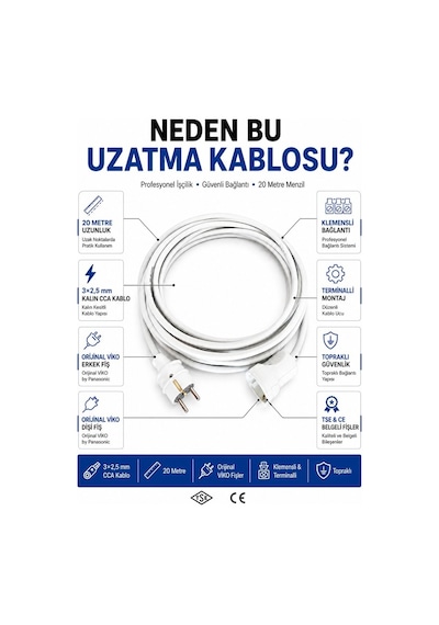 Viko Seyyar Uzatma Kablosu 20 Metre 3x2.5 Mm Cca Kablo Viko Erkek Dişi Fiş Klemensli Terminalli Topraklı Tse Ce Belgeli 20 M