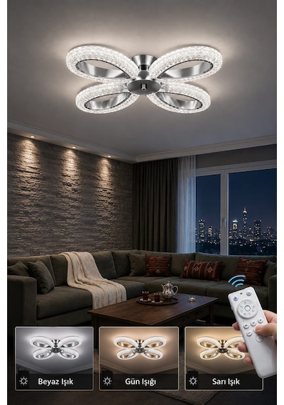 Yagmur 4lu Avize 3 Renk Led Isıklı Kumandalı Salon Avize Oturma Odası Avize Krom