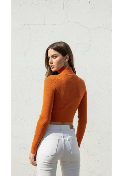 Miss Poem Kadın Oranj Balıkçı Yaka Fitilli Crop Triko Kazak Turuncu