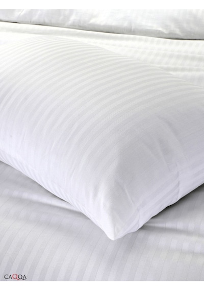 Caqqa Beyaz Çizgili Saten Çarşafı Lastikli Çift Kişilik Premium Otel Nevresim Takımı Beyaz
