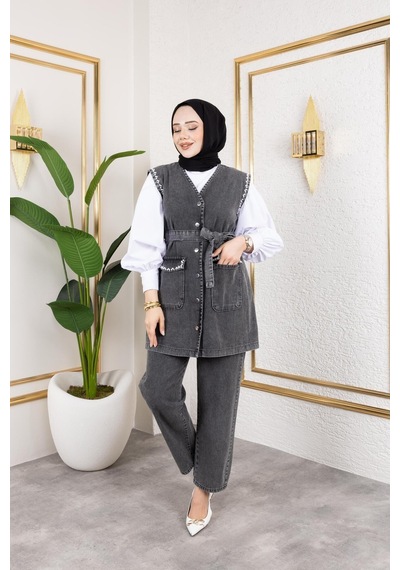 Harman Butik Kadın Boncuk İşlemeli Kuşaklı Yelek-pantolon 2li Takım Siyah Siyah