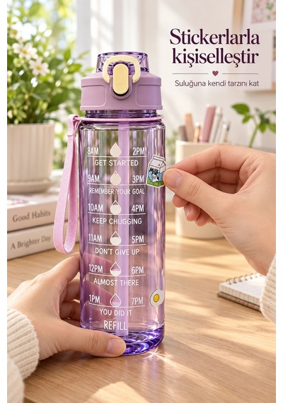 Madamev 3lü Motivasyonel Suluk Matara Seti 2000+750+280ml Pipetli Sticker Askılı Spor Okul Su Şişesi Mor