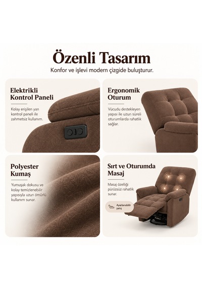 Smarto Relax Porto Masajlı Elektrikli Döner Sallanan Tv Koltuğu Kontrol Panelli Ergonomik Polyester Baba Koltuğu Kahverengi Smarto Relax Porto Masajlı Elektrikli Döner Sallanan Tv Koltuğu Kontrol Panelli Ergonomik Polyester Baba Koltuğu Kahverengi