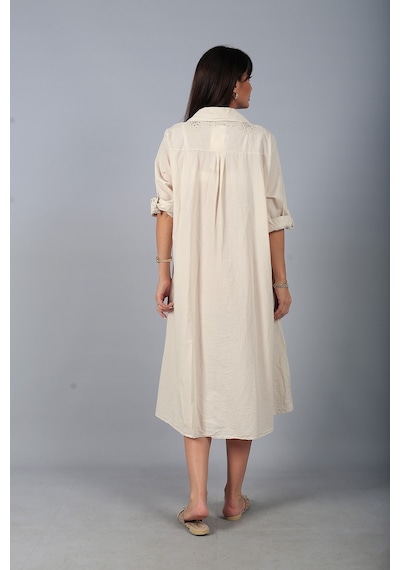 By Saygı Kadın İtalyan Cotton Cepli Kabartma Nakışlı Pullu Oversize Uzun Elbise Bej