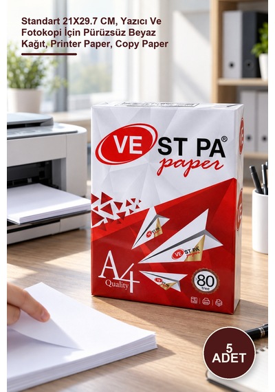 5 Adet A4 Fotokopi Kağıdı Standart 21x29.7 Cm, Yazıcı Ve Fotokopi İçin Pürüzsüz Beyaz Kağıt, Printer Paper, Copy Paper