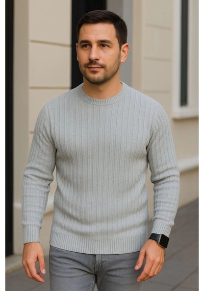 Butik İstanbul Erkek Bisiklet Yuvarlak Yaka Triko Kazak Pamuklu Kalın Fitilli Dokuma, Regular Fit Uzun Kollu Kışlık Model - Gri