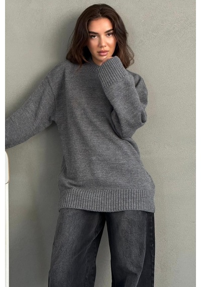Madmext Antrasit Bisiklet Yaka Oversize Uzun Kadın Triko Kazak Mg2890