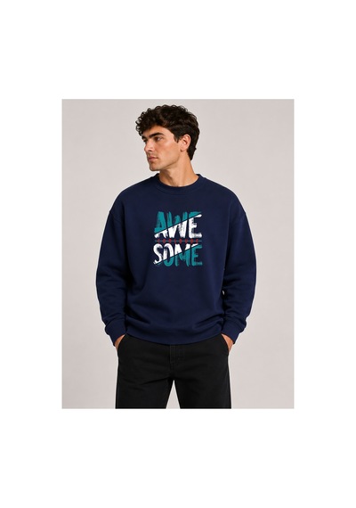 Herkesemoda Awesome Baskılı Bisiklet Yaka Şardonlu 2 İplik Sweatshirt Lacivert