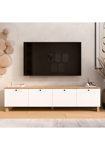 Robin Home Alaska Tv Ünitesi Sehpası 4 Kapaklı Ahşap Ayaklı 180cm Sepet-beyaz Beyaz