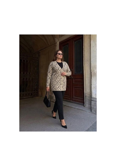 Onno Style Women Kalp Desenli Klasik Triko Düğmeli Ceket Taş