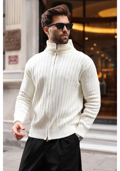 Madmext Kemik Rengi Çift Fermuarlı Slim Fit Çizgili Erkek Triko Hırka E7522