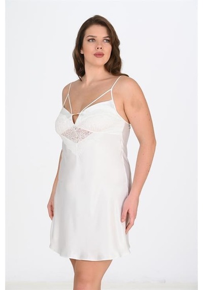 Aria's Closet Premium Büyük Beden Saten Dantel İşlemeli Ekru Gecelik Bigsize