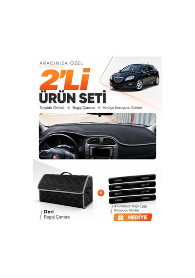 E-biz Lancia Delta 2008-2014 Uyumlu Torpido Örtüsü + Deri Bagaj Çantası Seti - Siyah-gri - Ln001