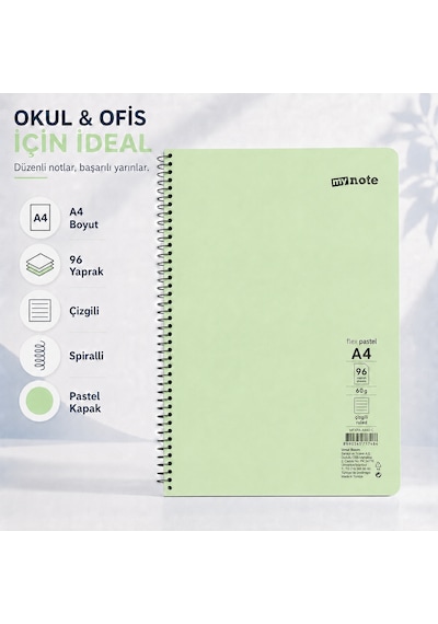 Mynote Flex Pastel A4 96 Yaprak 60 Gr Spiralli Çizgili Defter Açık Yeşil