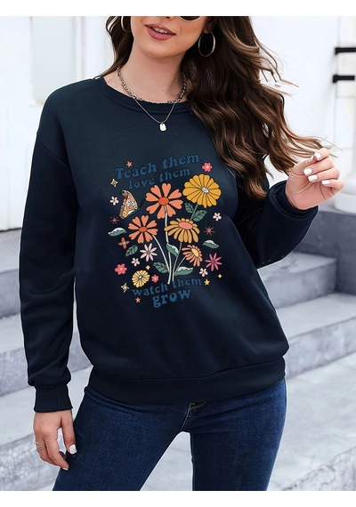 Uyguntarz Unisex Teach Them Love Them Baskılı Oversize Bisiklet Yaka Sweatshirt Lacivert