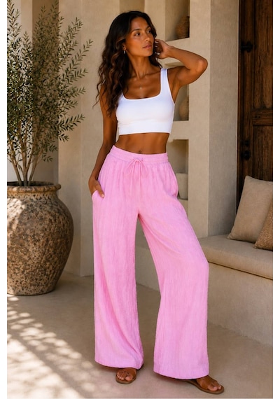 Hira Life Fashion Kadın Kumaşı Kabartma Detaylı Bol Paça Ve Önü Bağcıklı Salaş Burgu Şık Pantolon Pembe Pembe Hira Life Fashion Kadın Kumaşı Kabartma Detaylı Bol Paça Ve Önü Bağcıklı Salaş Burgu Şık Pantolon Pembe Pembe